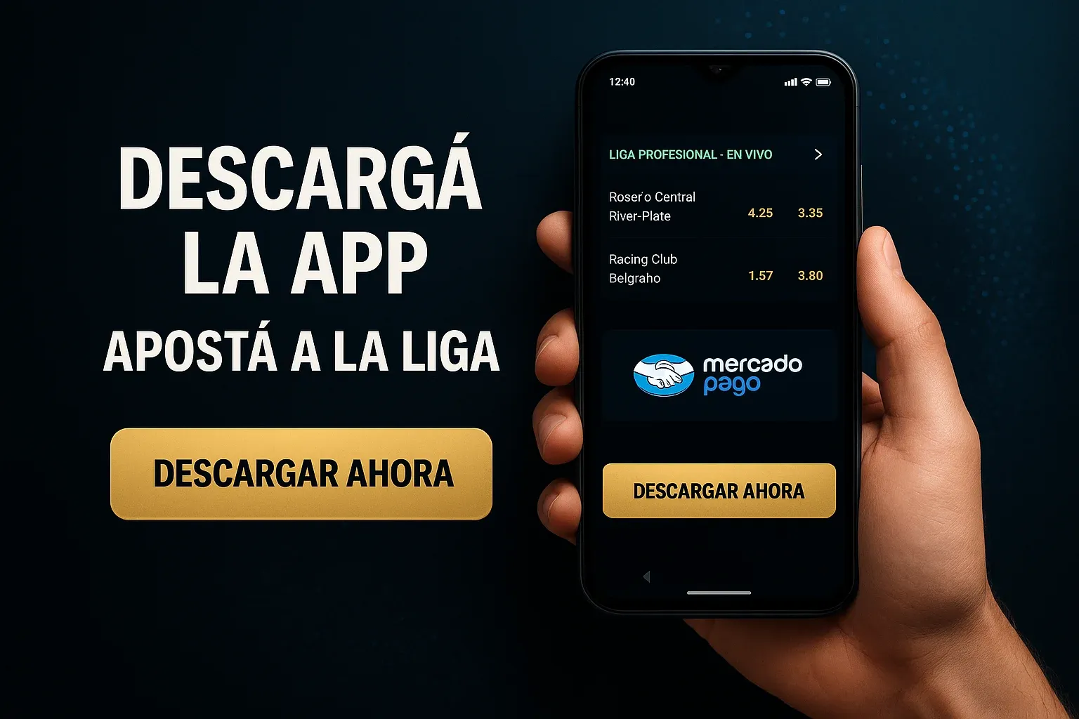 Banner de apuestas, fondo oscuro tech, celular Android con Liga y Mercado Pago