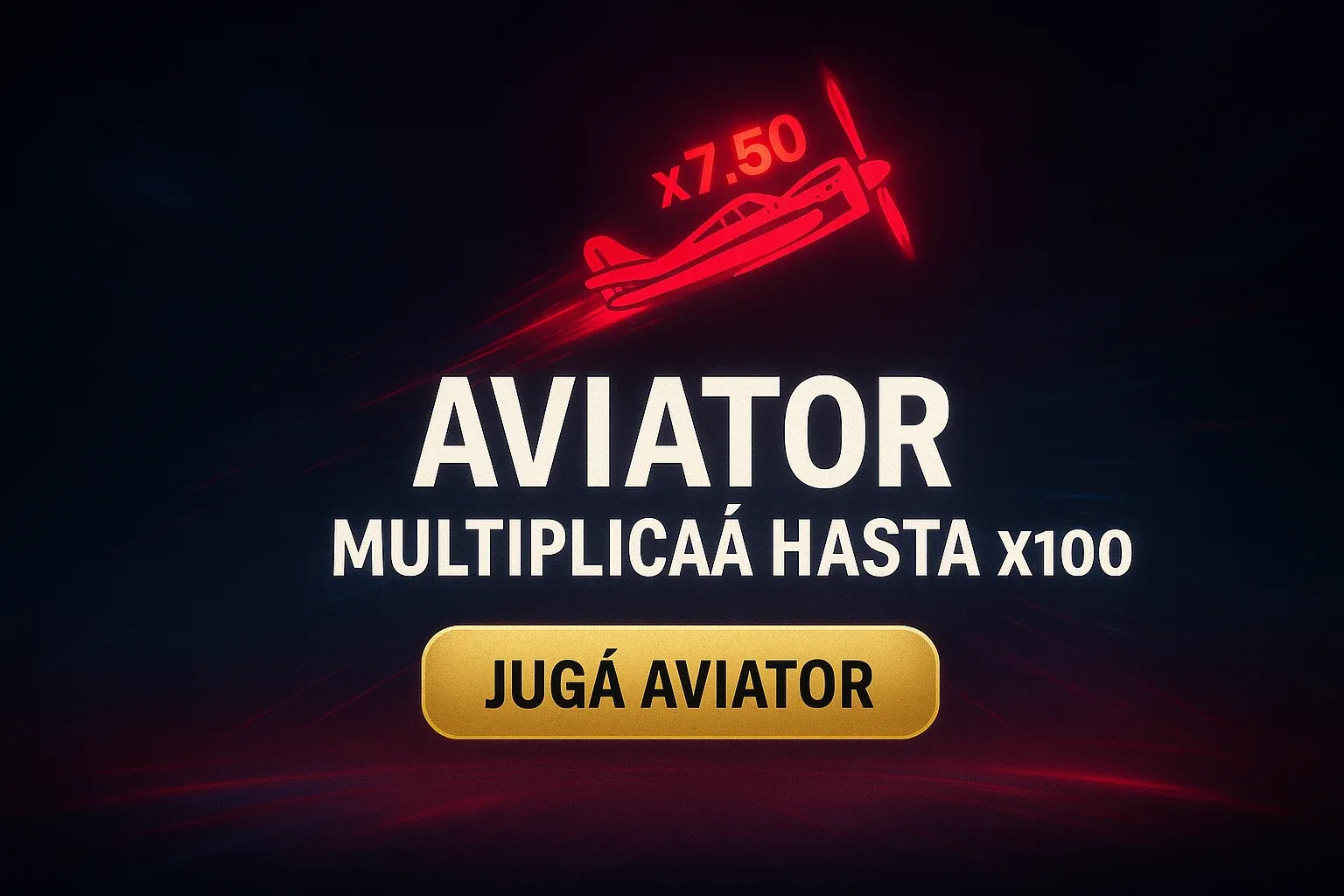 Banner Aviator con avión rojo, cielo oscuro y multiplicador x7.50 brillante