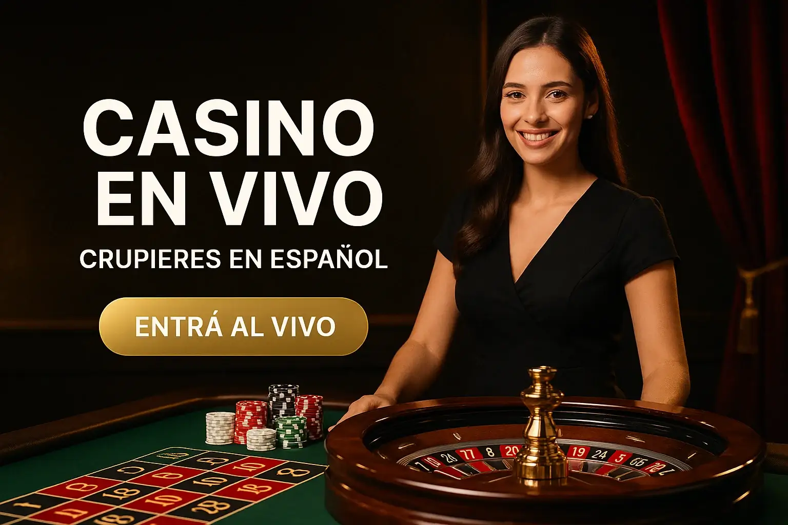 Banner de casino en vivo con crupier en español y ruleta