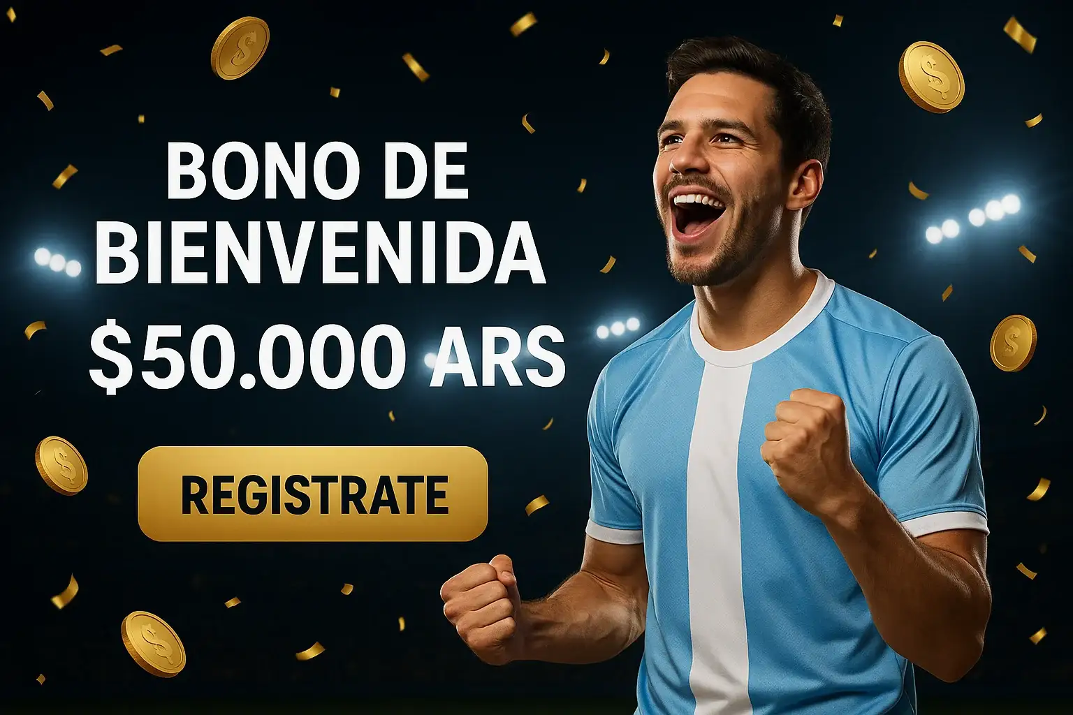 Banner de casino con bono de bienvenida, estadio argentino y CTA Registrate