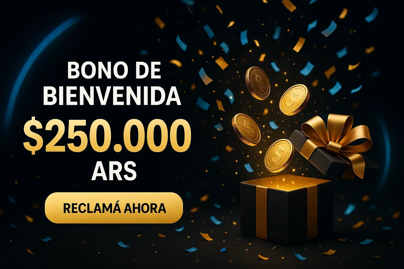 Banner de casino con bono de bienvenida $250.000 ARS y botón Reclamá Ahora